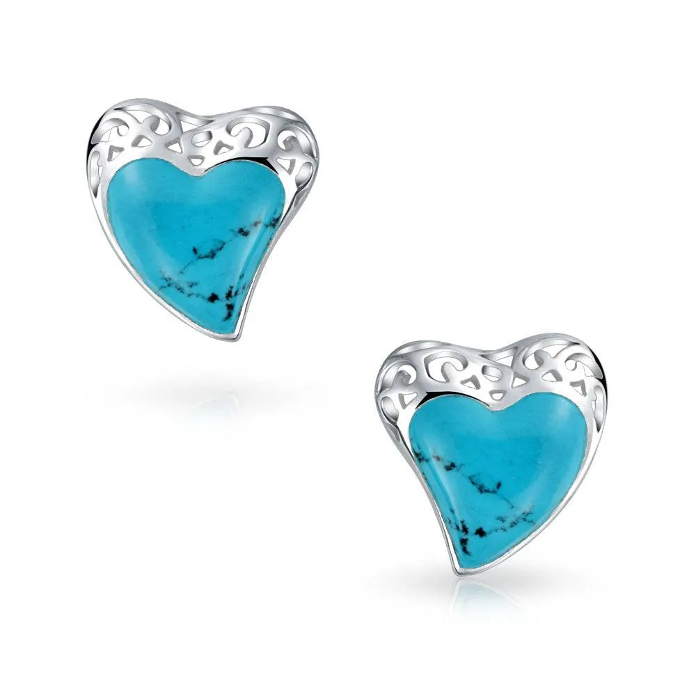 Bali Filigree Turquoise Heart Stud Earrings for Girlfriend in Sterling Silver
