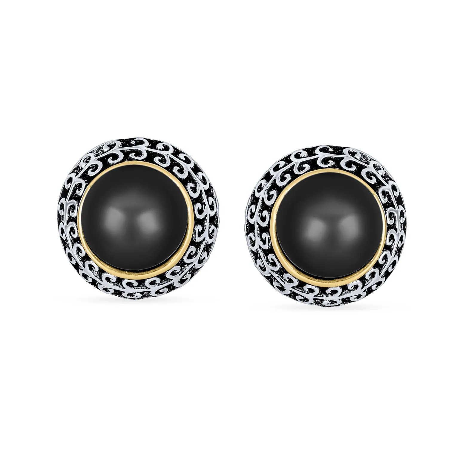 Balinese Button Style Clip-On Earrings with Simulated Pearl and Black Onyx