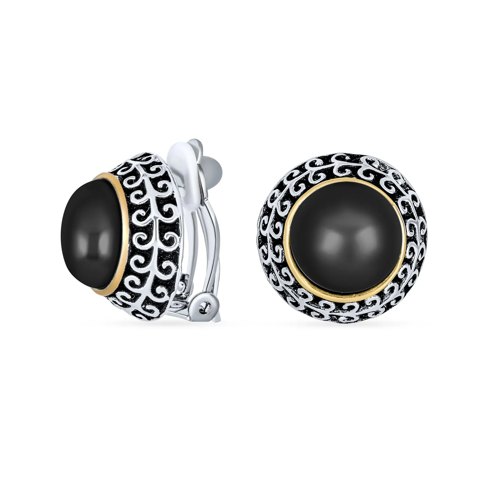 Balinese Button Style Clip-On Earrings with Simulated Pearl and Black Onyx