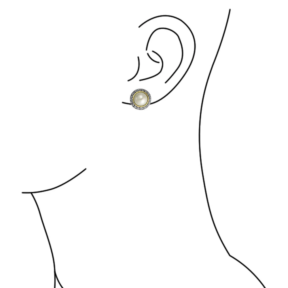 Balinese Button Style Clip-On Earrings with Simulated Pearl and Black Onyx