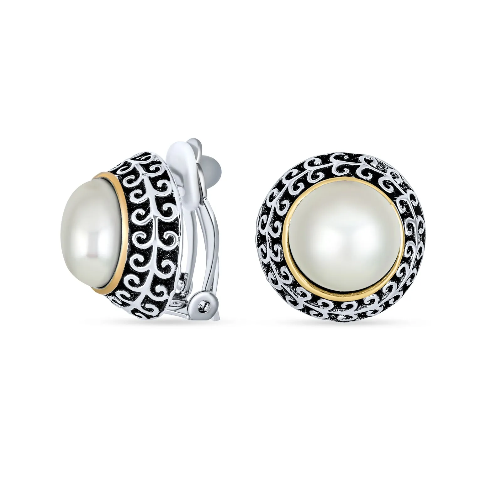 Balinese Button Style Clip-On Earrings with Simulated Pearl and Black Onyx