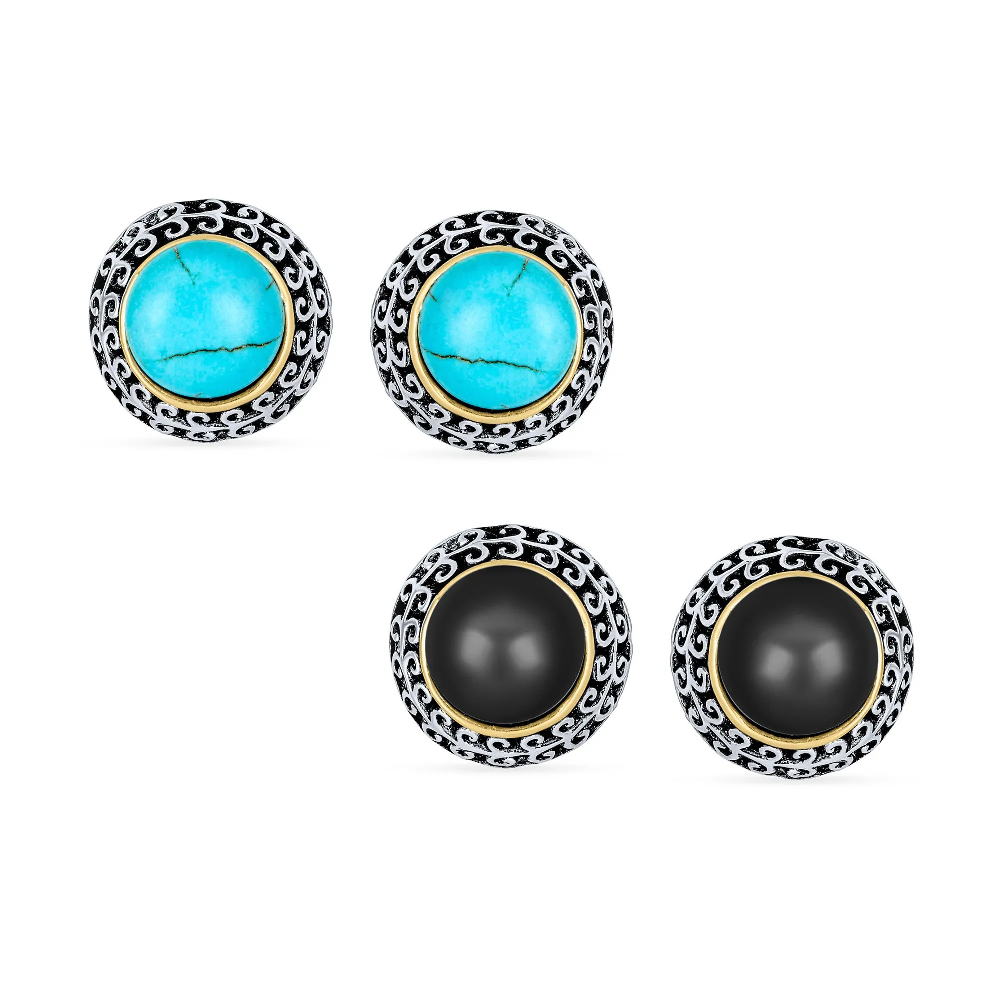 Balinese Button Style Clip-On Earrings with Simulated Pearl and Black Onyx