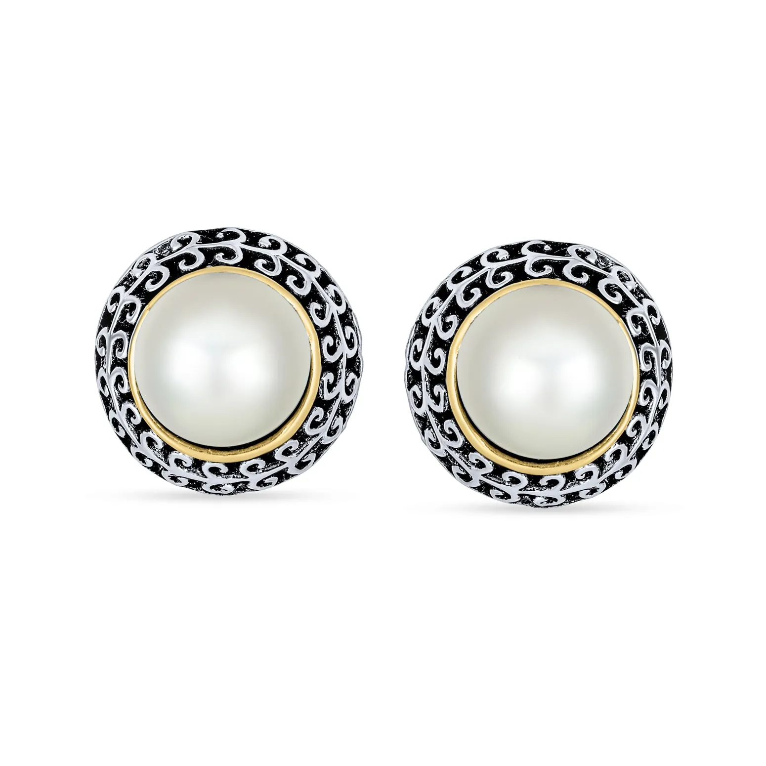 Balinese Button Style Clip-On Earrings with Simulated Pearl and Black Onyx