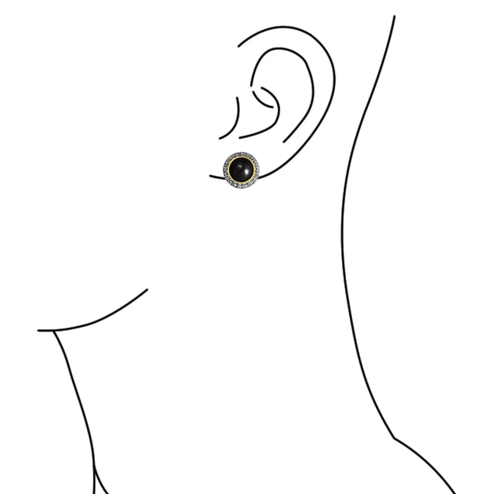 Balinese Button Style Clip-On Earrings with Simulated Pearl and Black Onyx