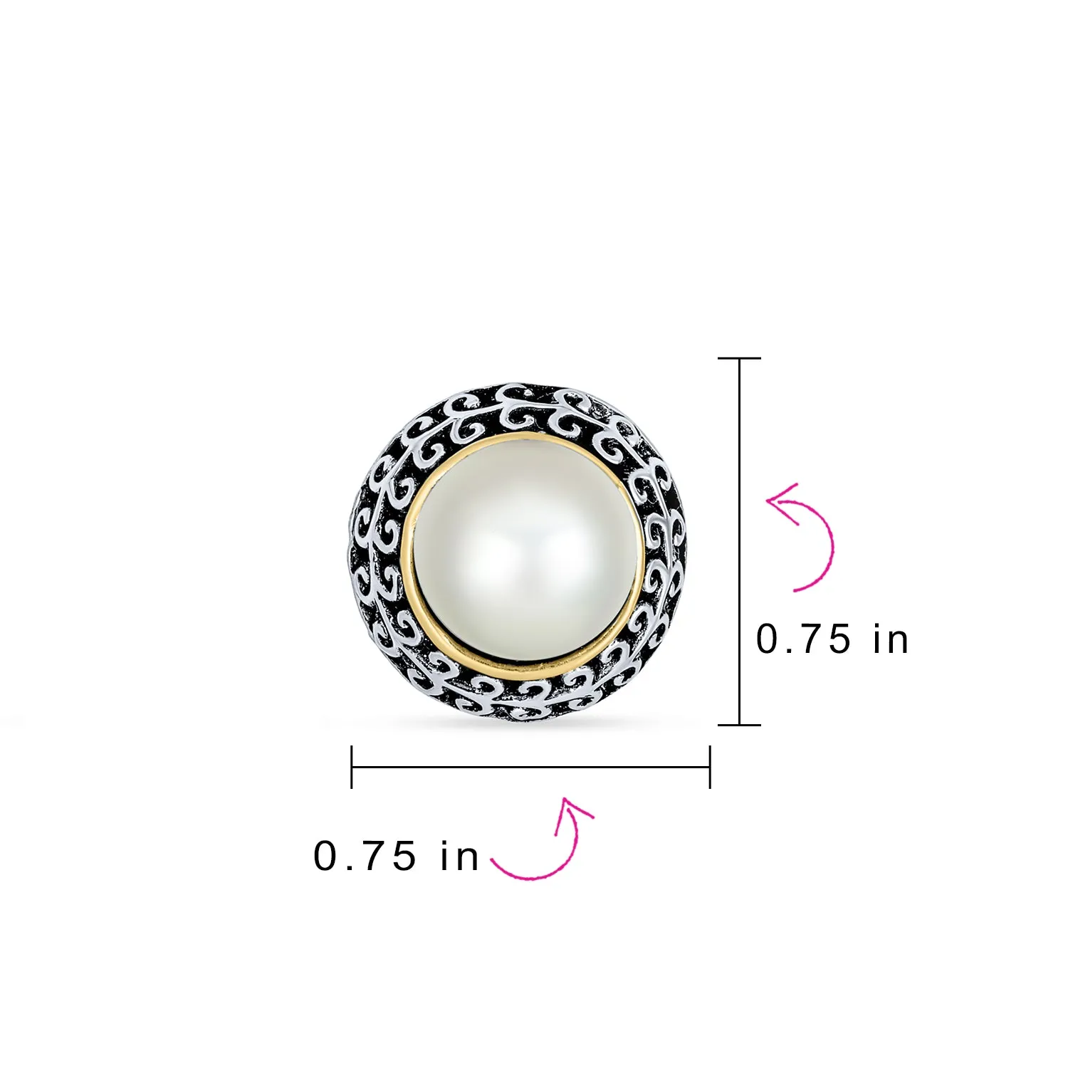 Balinese Button Style Clip-On Earrings with Simulated Pearl and Black Onyx