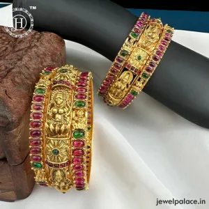 Beautiful Gold Plated Kemp Stone Lakshmi Devi Bangles (Set Of 6)