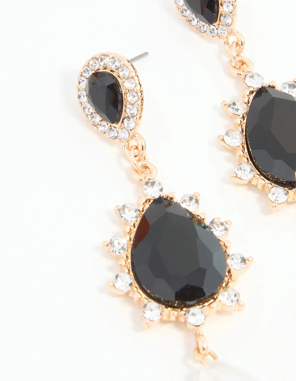 Black Diamante & Pearl Gold Drop Earrings