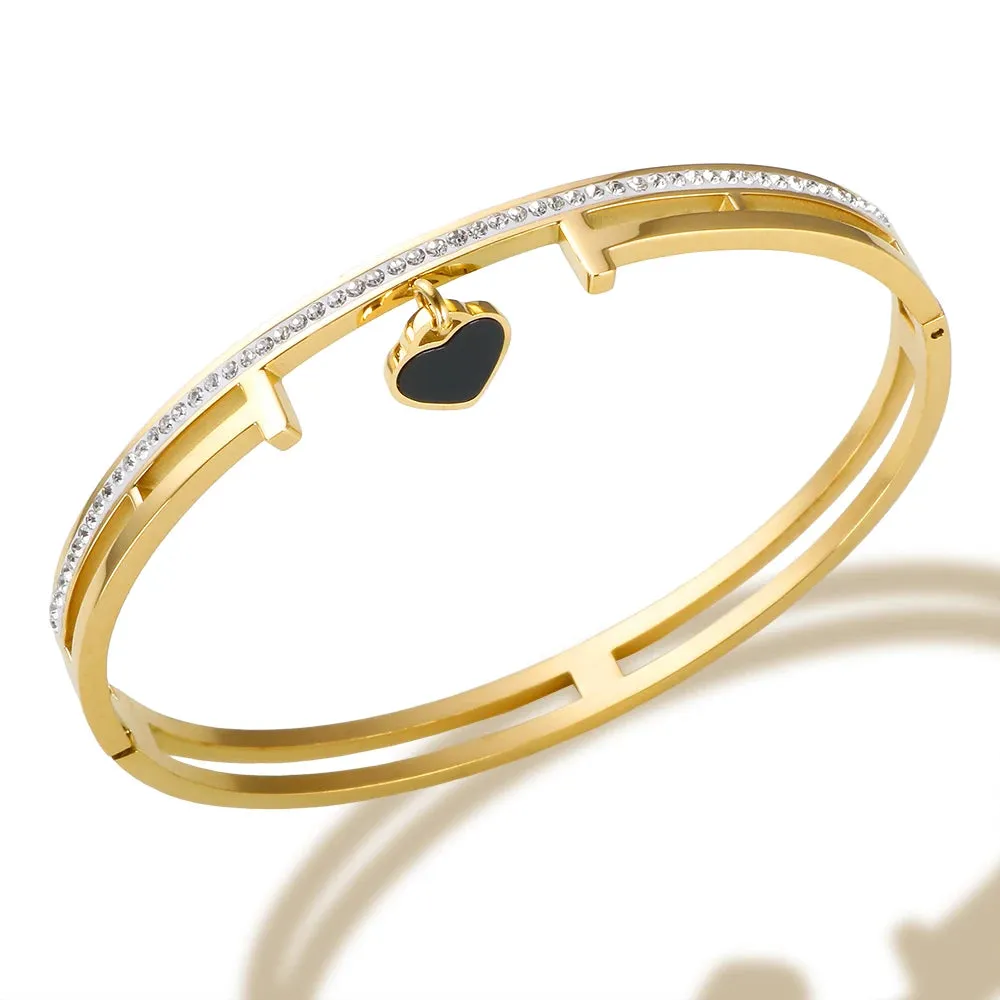 Black Heart Charm Crystal Bangle Cuff Bangles Love Heart Pendant Jewelry