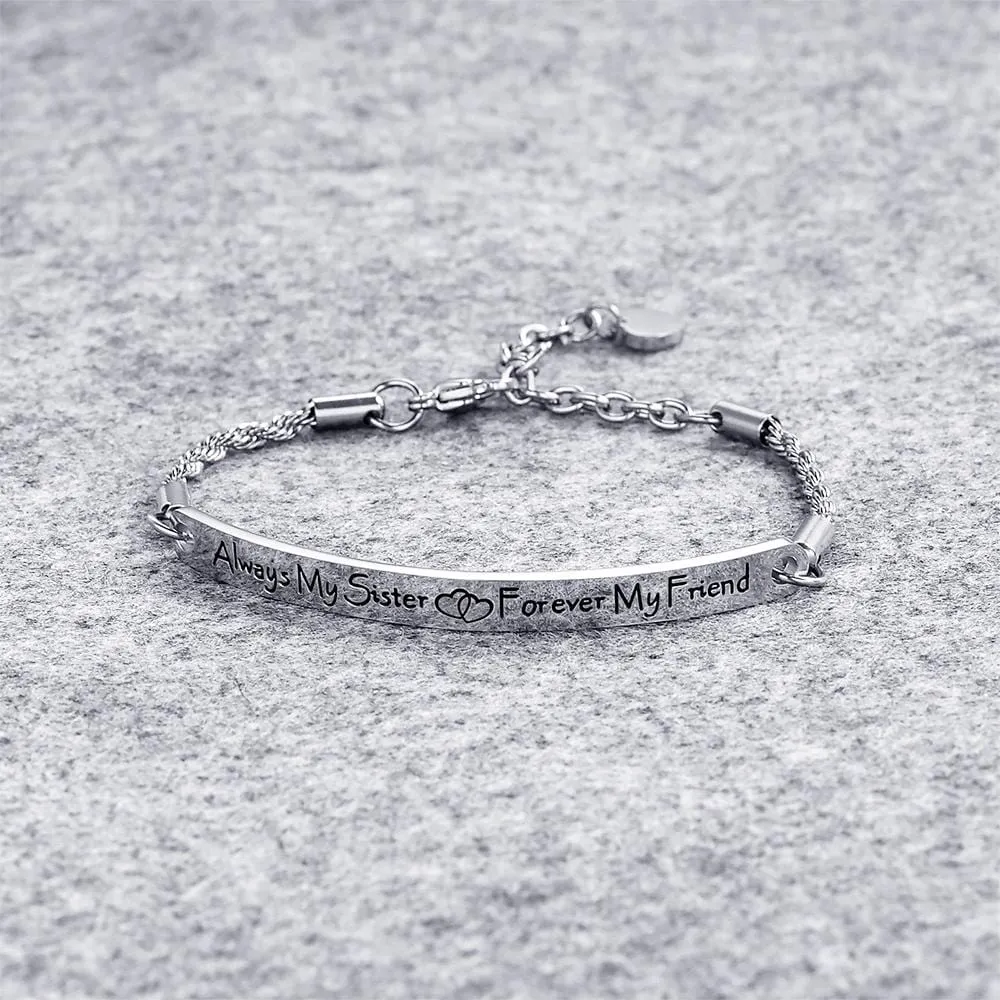 Boxed Sisters Forever Inscriptions Bar Bracelet & Fem Hammered Hoop Earrings Set in White Gold