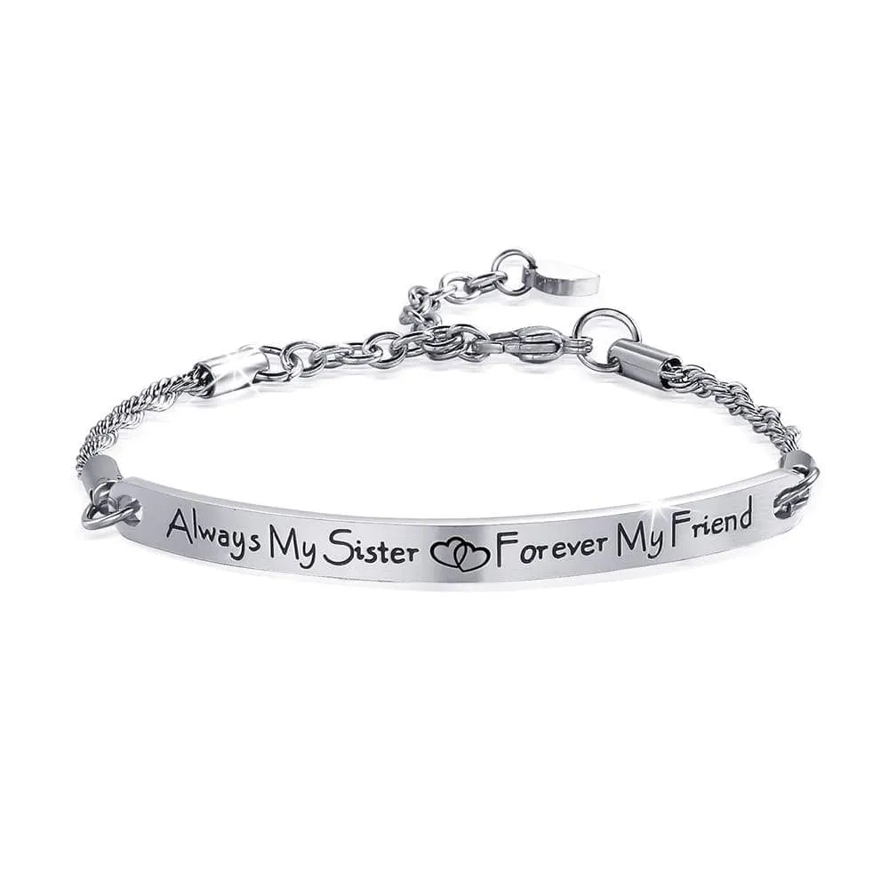 Boxed Sisters Forever Inscriptions Bar Bracelet & Fem Hammered Hoop Earrings Set in White Gold