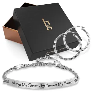 Boxed Sisters Forever Inscriptions Bar Bracelet & Fem Hammered Hoop Earrings Set in White Gold