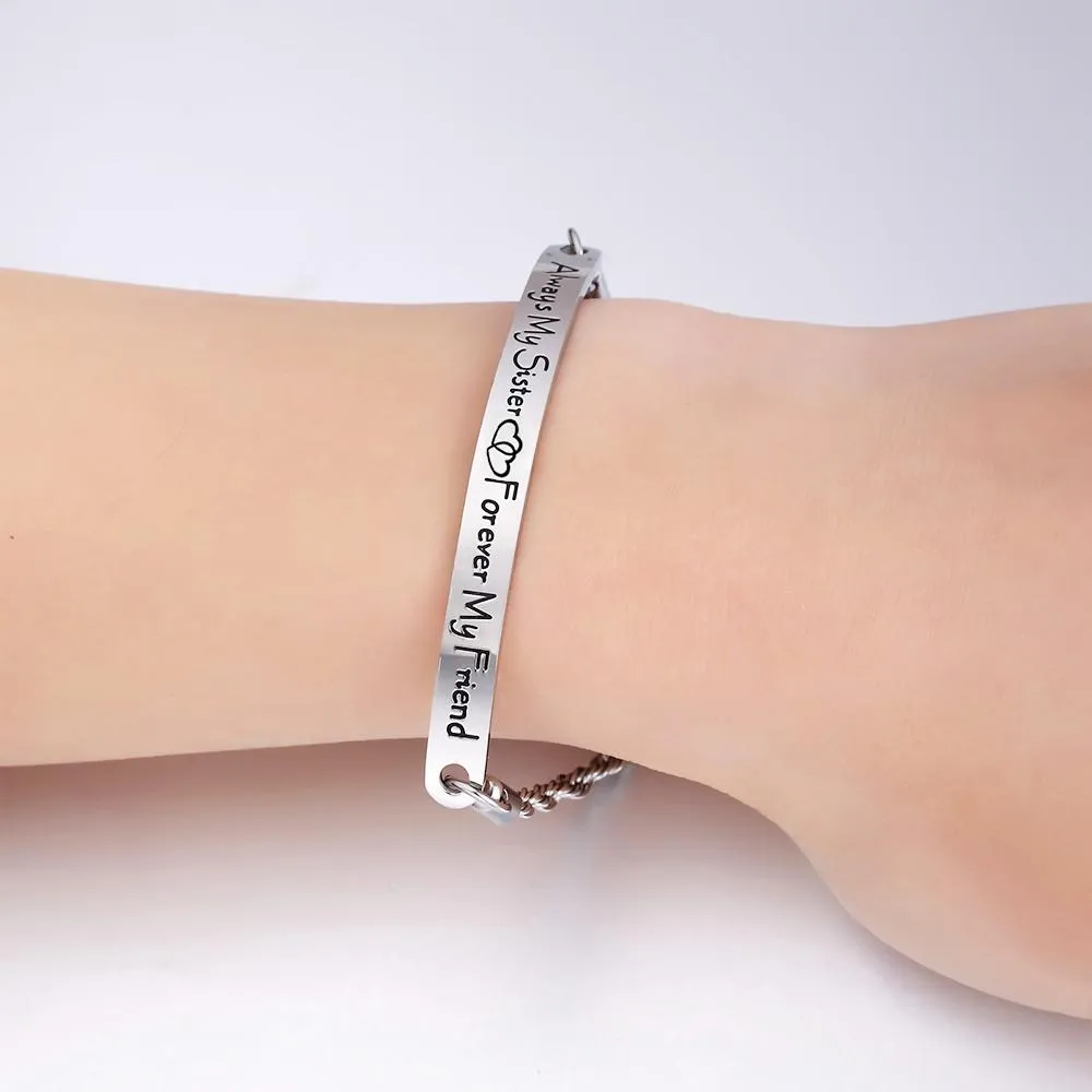 Boxed Sisters Forever Inscriptions Bar Bracelet & Fem Hammered Hoop Earrings Set in White Gold