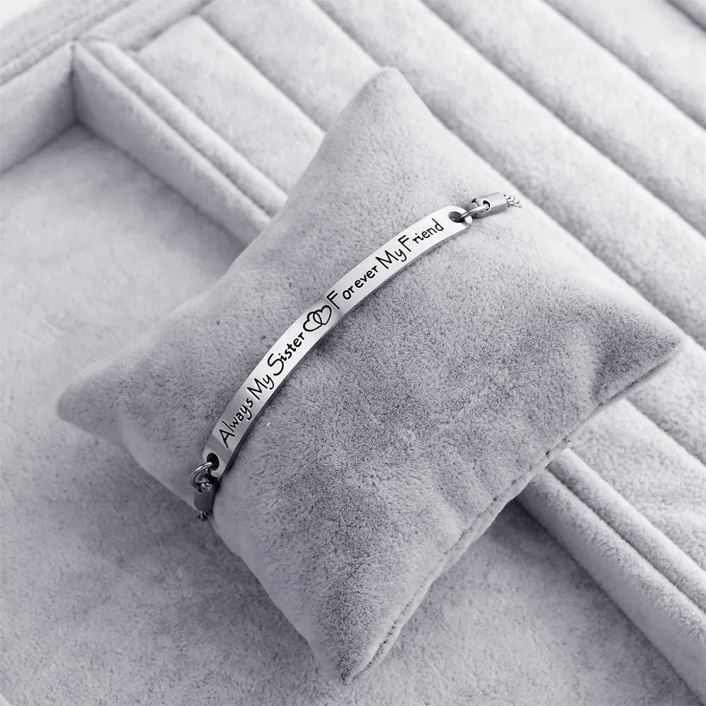 Boxed Sisters Forever Inscriptions Bar Bracelet & Fem Hammered Hoop Earrings Set in White Gold