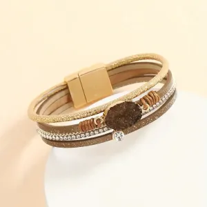 Brown & Gold With Druzy Stone Leatherette Multi Layer Magnetic Bracelet