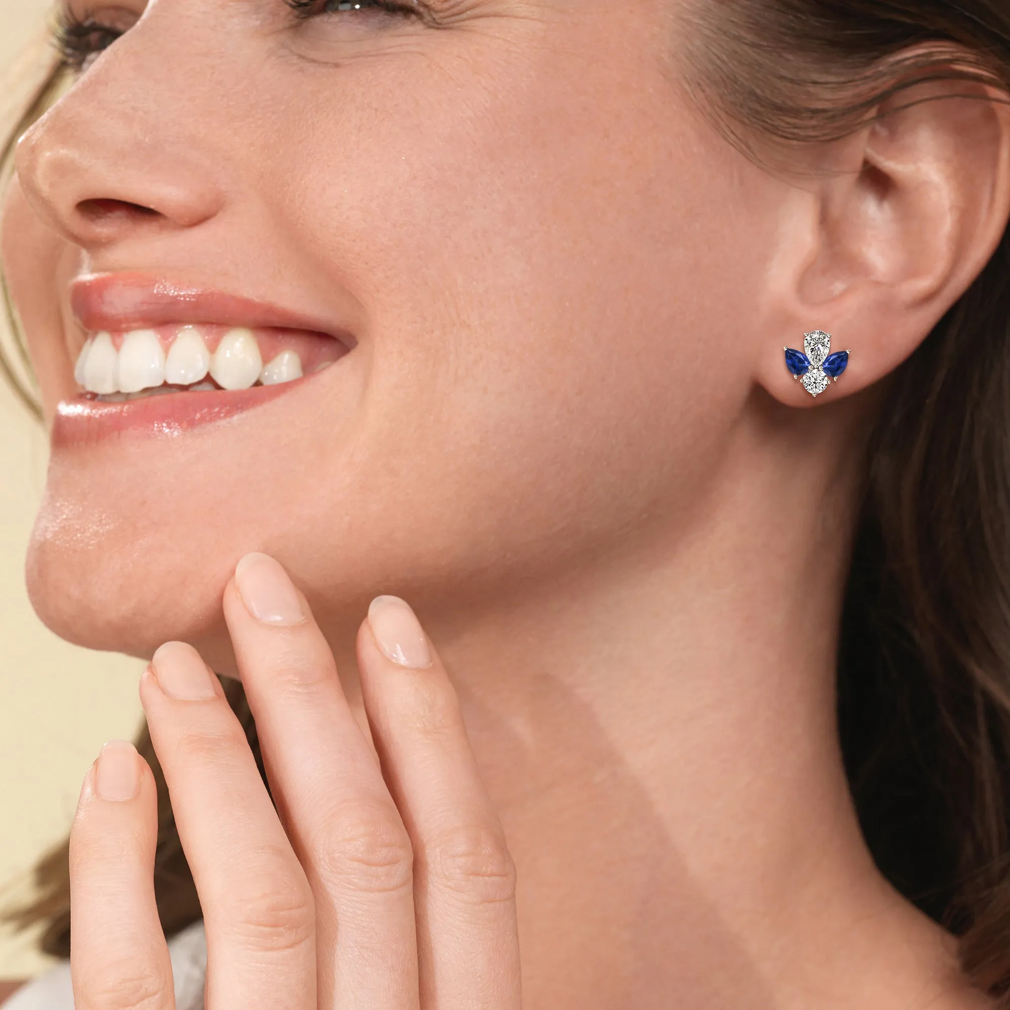Classic Pear Created Sapphire And Round Diamonds Cluster Earrings