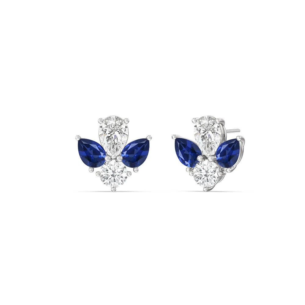 Classic Pear Created Sapphire And Round Diamonds Cluster Earrings