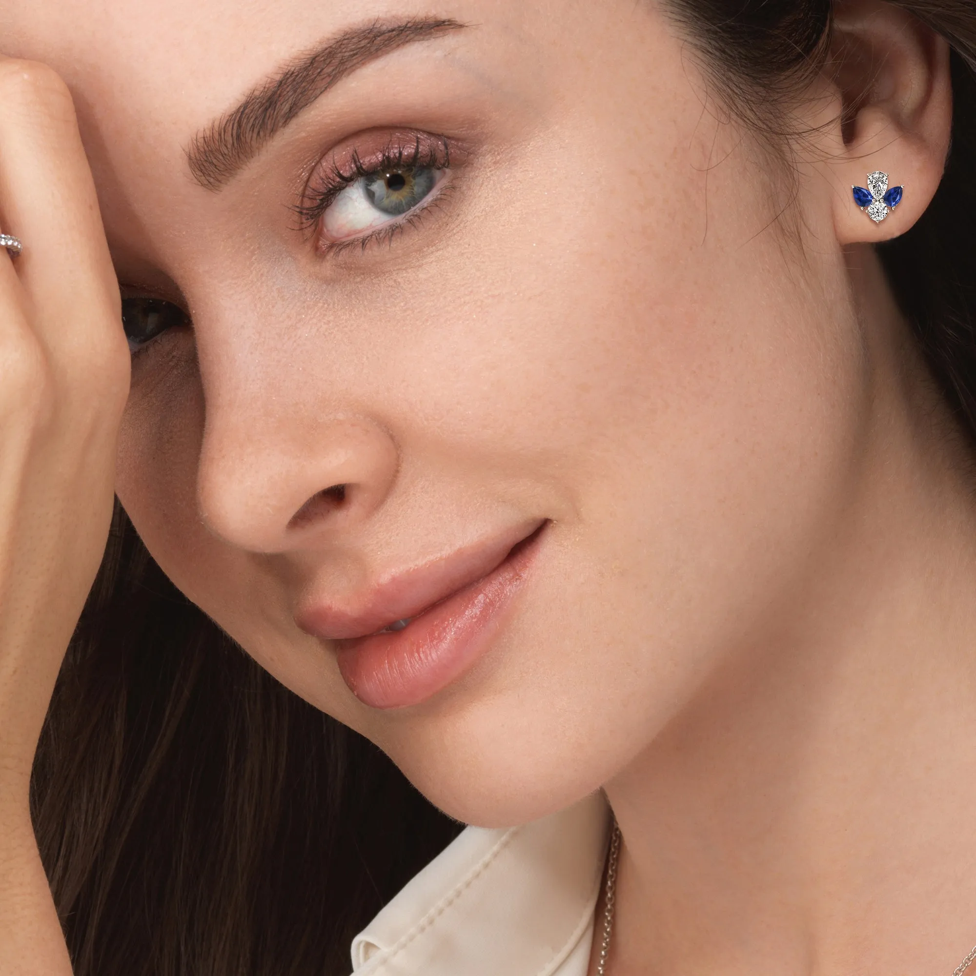 Classic Pear Created Sapphire And Round Diamonds Cluster Earrings