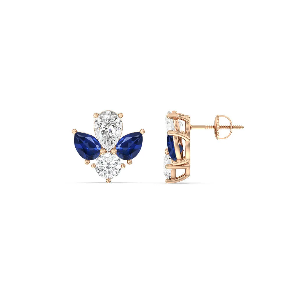Classic Pear Created Sapphire And Round Diamonds Cluster Earrings
