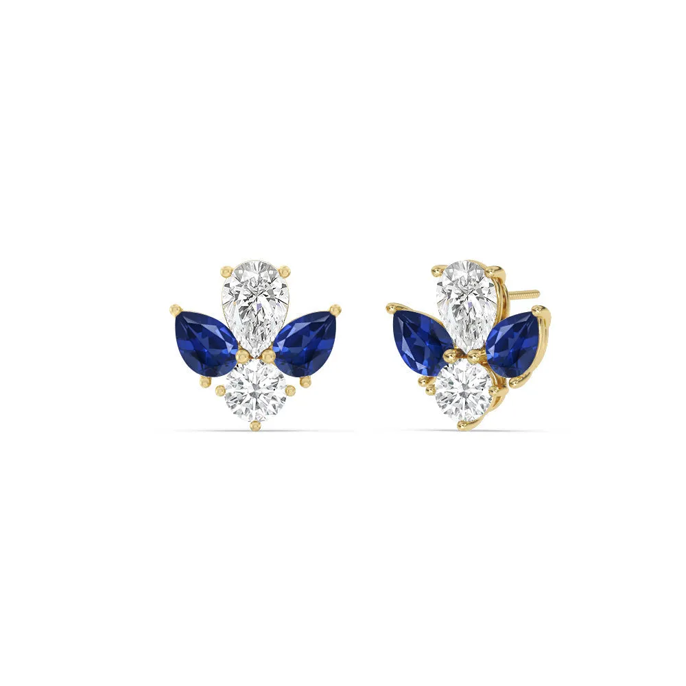 Classic Pear Created Sapphire And Round Diamonds Cluster Earrings
