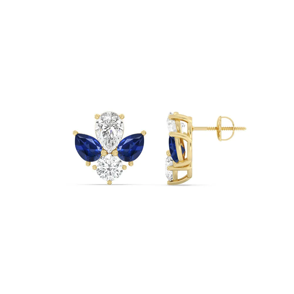 Classic Pear Created Sapphire And Round Diamonds Cluster Earrings