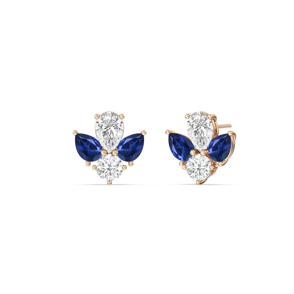 Classic Pear Created Sapphire And Round Diamonds Cluster Earrings