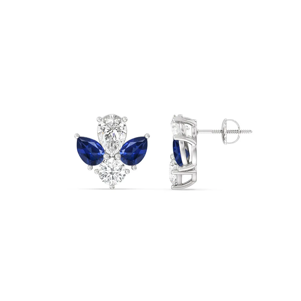 Classic Pear Created Sapphire And Round Diamonds Cluster Earrings