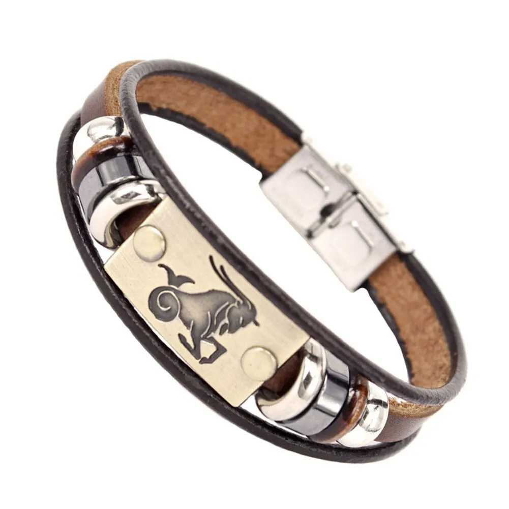 Constellations Men Bracelet Cuff Leather Alloy Zodiac Signs Man