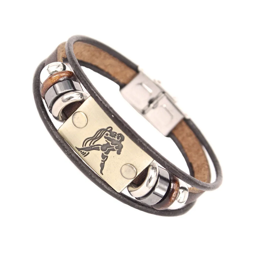 Constellations Men Bracelet Cuff Leather Alloy Zodiac Signs Man