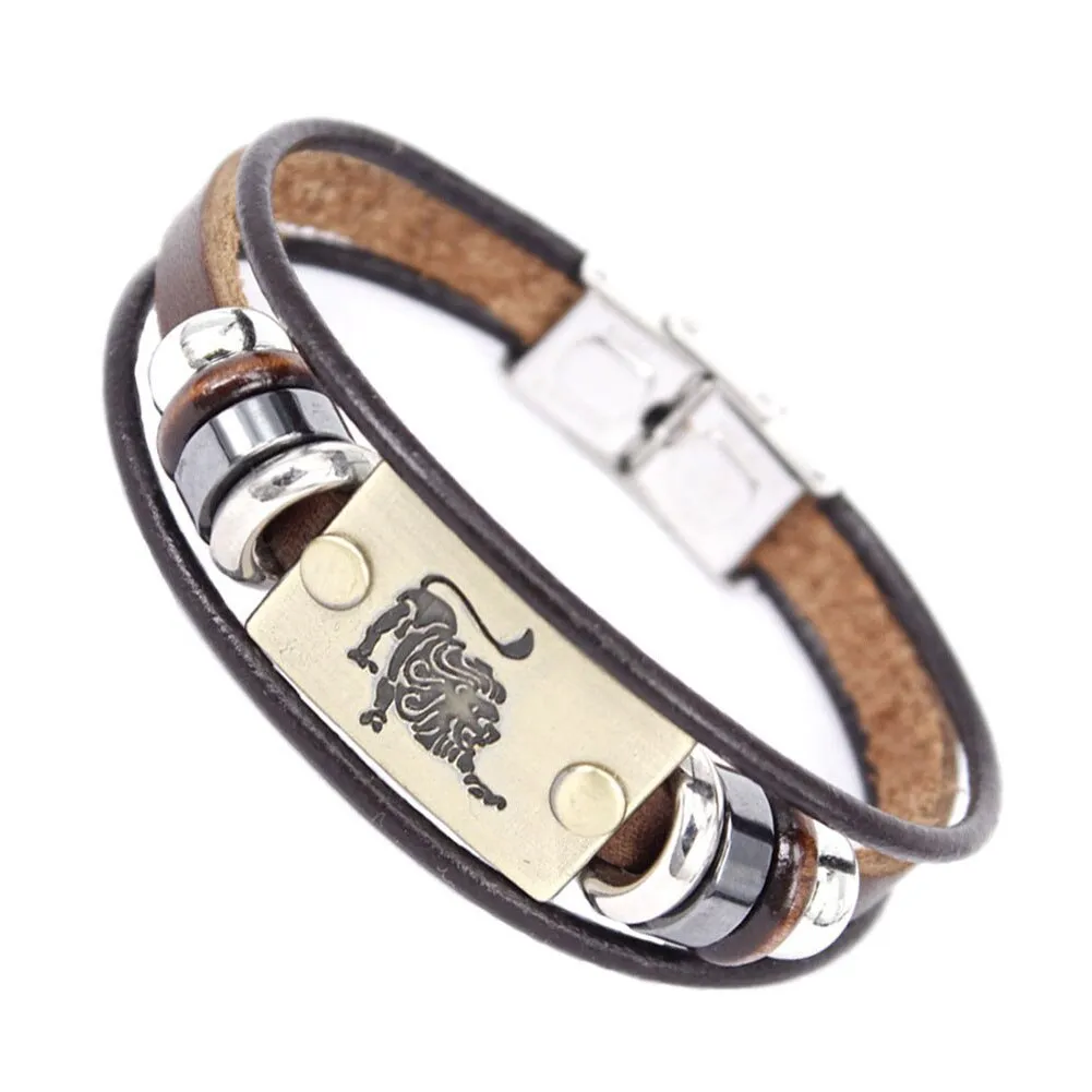 Constellations Men Bracelet Cuff Leather Alloy Zodiac Signs Man