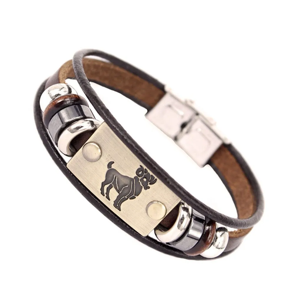 Constellations Men Bracelet Cuff Leather Alloy Zodiac Signs Man