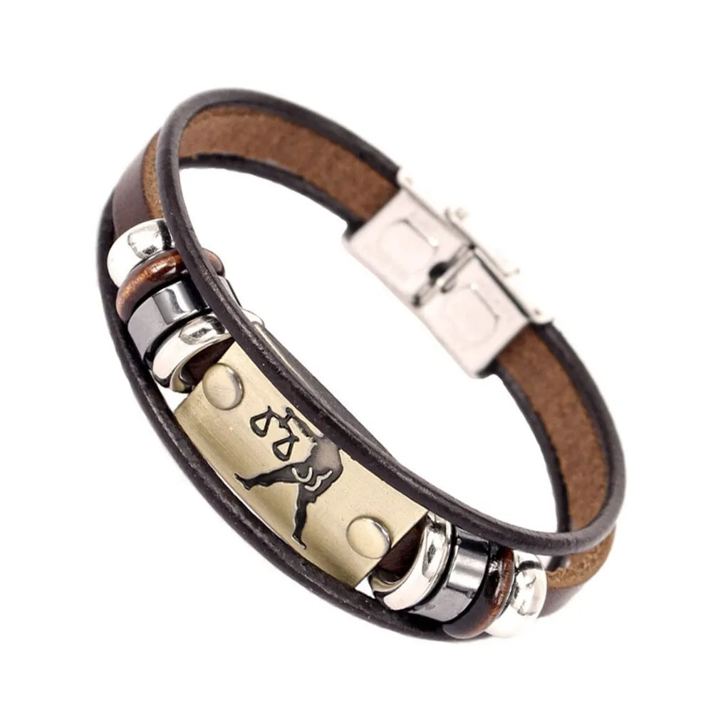 Constellations Men Bracelet Cuff Leather Alloy Zodiac Signs Man