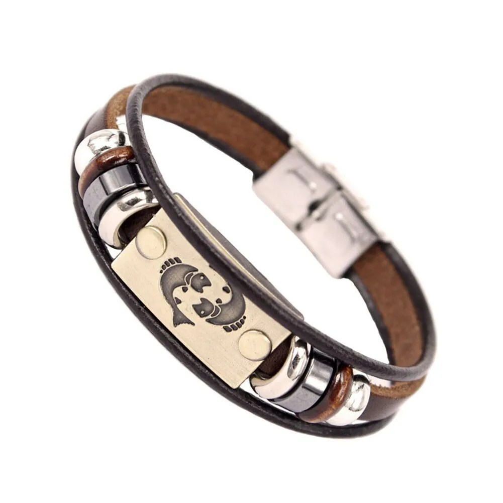 Constellations Men Bracelet Cuff Leather Alloy Zodiac Signs Man
