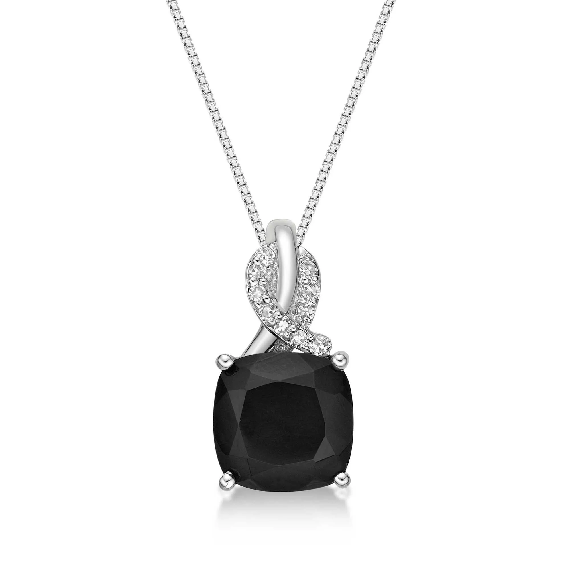 Cushion-Cut Black Onyx and Diamond Twist Pendant Necklace 1/20ctw