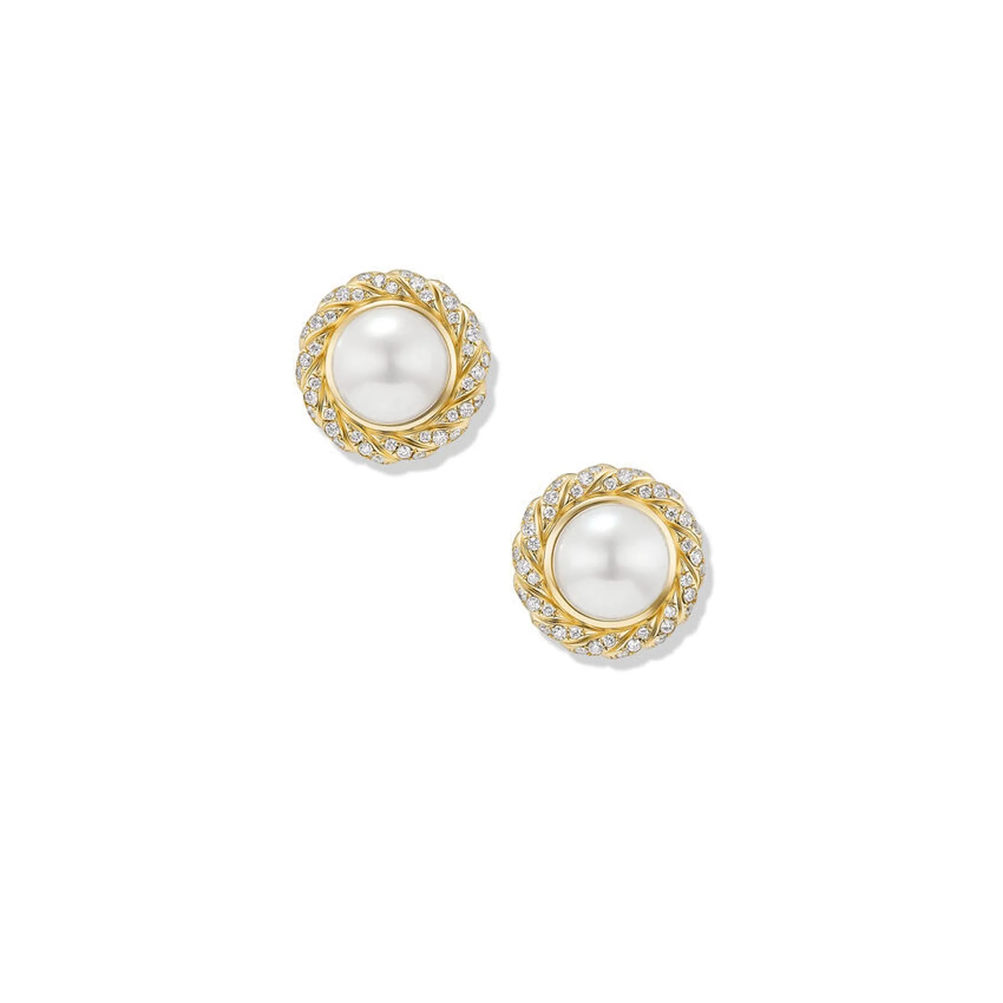 David Yurman Pearl Classics Cable Halo Button Earrings in 18K Yellow Gold with Diamonds 13mm