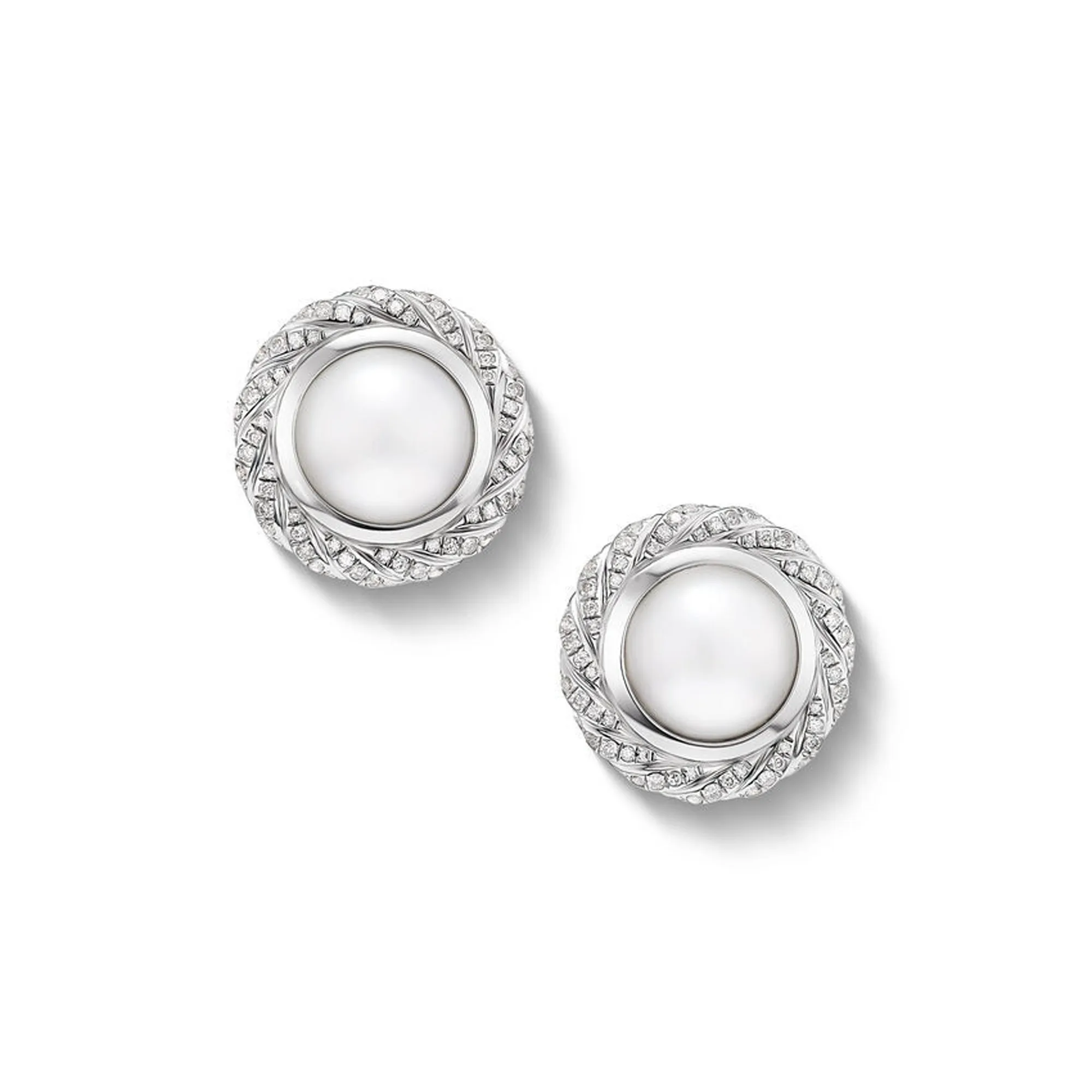 David Yurman Pearl Classics Cable Halo Button Earrings in Sterling Silver with Diamonds 18.8mm