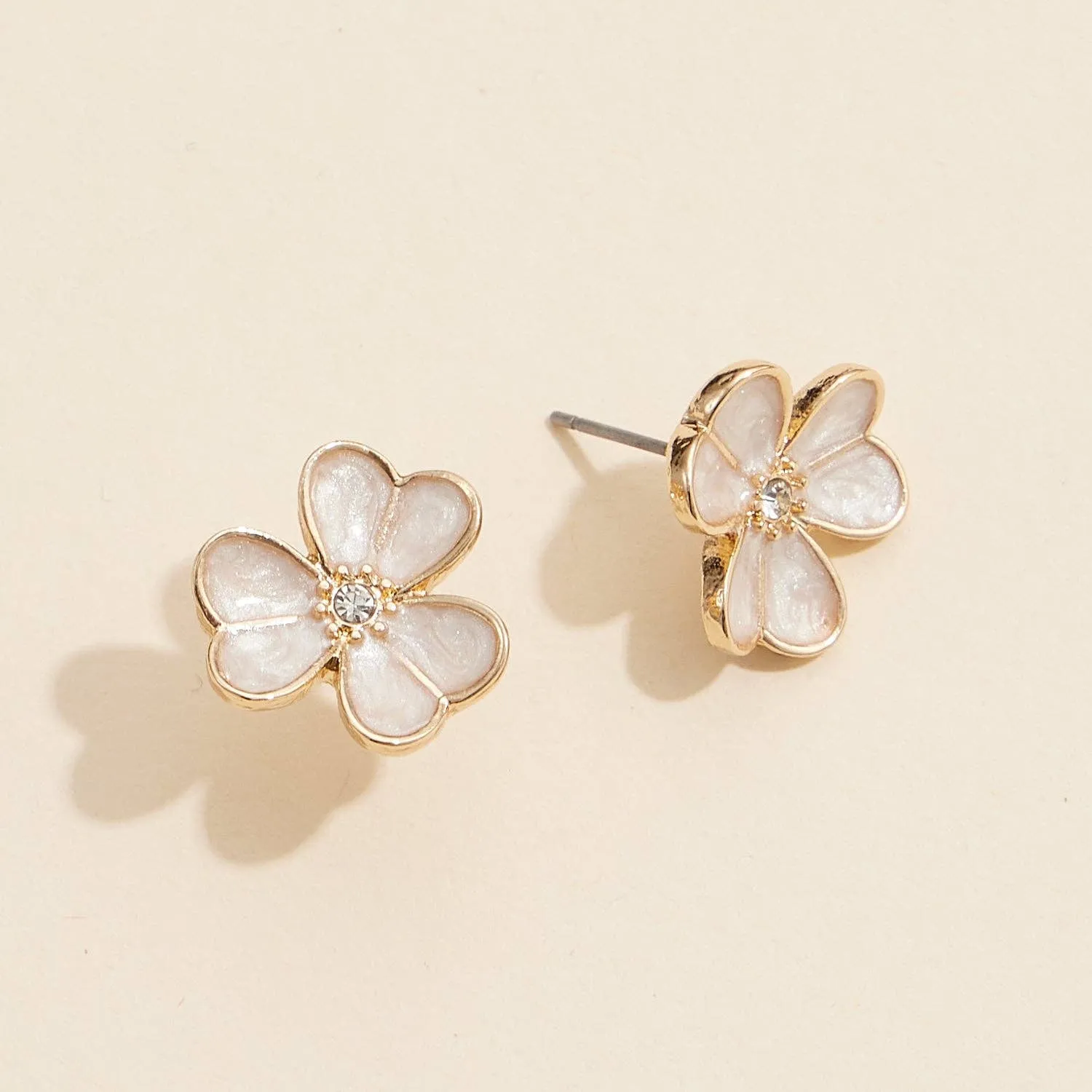 Delicate Flower Stud Earrings with Pearl Inlay and Rhinestone Center: Gold