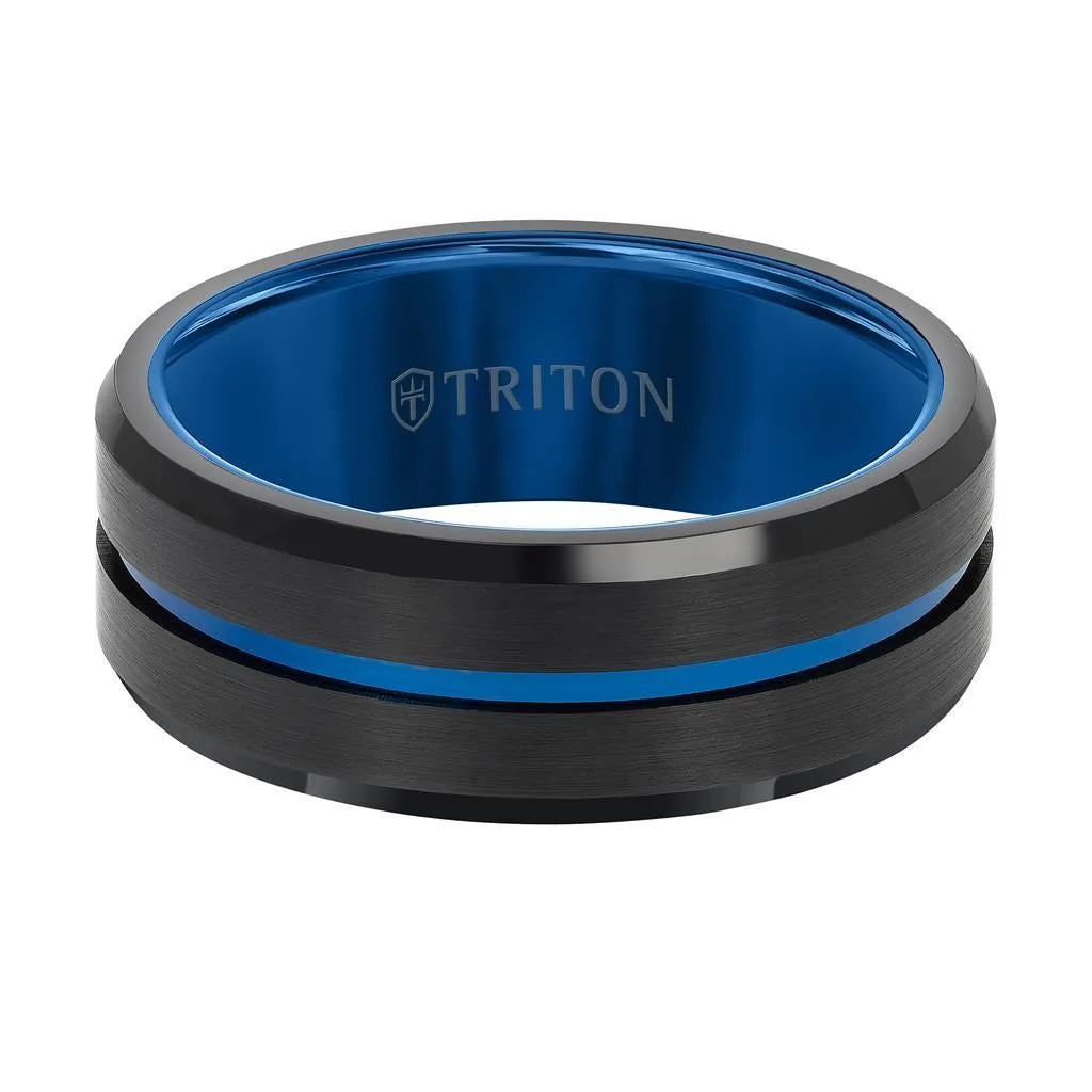 DELMORE 8MM Blue and Black Tungsten Carbide Comfort Fit Ring - Satin Finish Center with Center Line