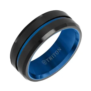 DELMORE 8MM Blue and Black Tungsten Carbide Comfort Fit Ring - Satin Finish Center with Center Line