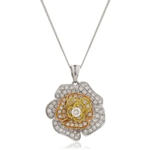 Diamond Rose Pendant Necklace 0.60ct F VS Quality in 18k 3 Tone Gold