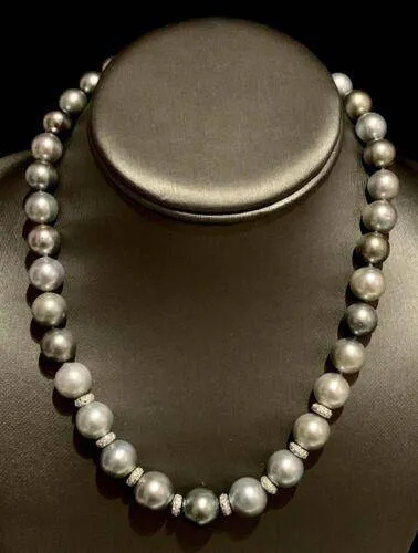 Diamond Tahitian Pearl Necklace 17.25" 12.9 mm 18k Gold 17.25" Certified $12,500 821383