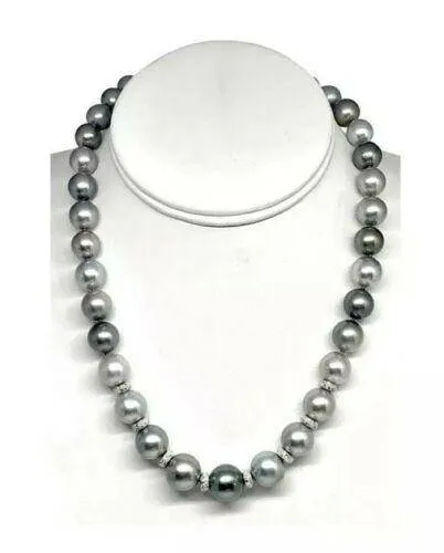 Diamond Tahitian Pearl Necklace 17.25" 12.9 mm 18k Gold 17.25" Certified $12,500 821383