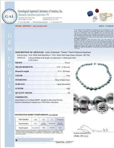 Diamond Tahitian Pearl Necklace 17.25" 12.9 mm 18k Gold 17.25" Certified $12,500 821383