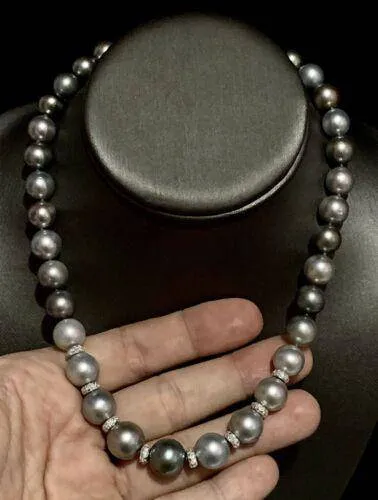 Diamond Tahitian Pearl Necklace 17.25" 12.9 mm 18k Gold 17.25" Certified $12,500 821383