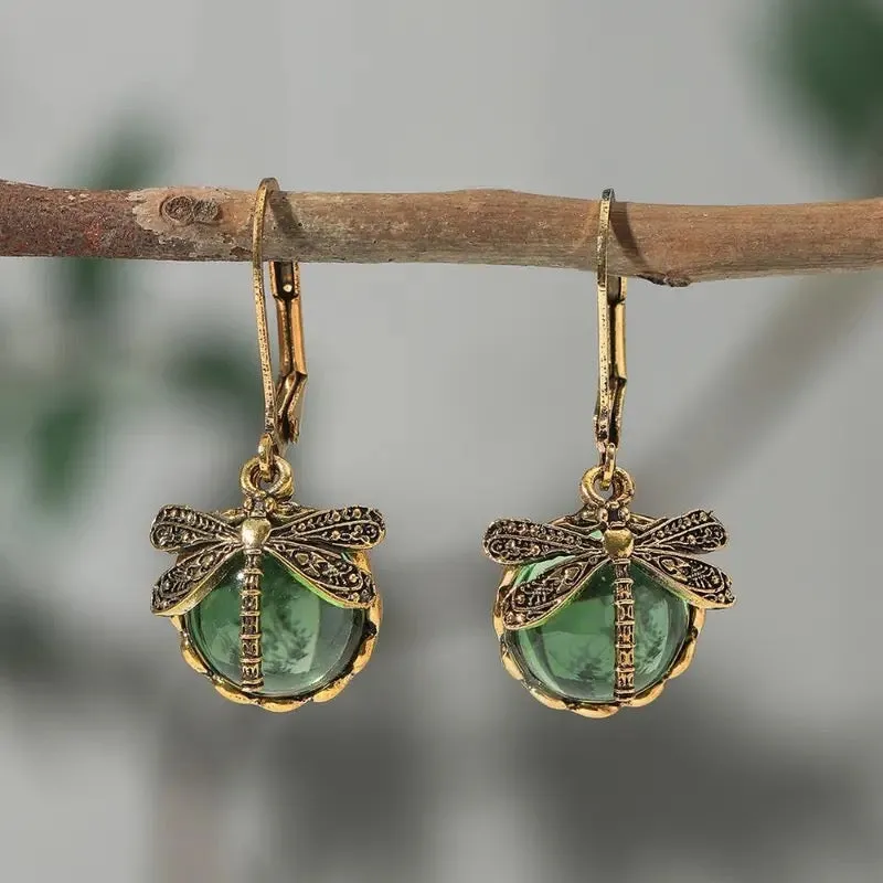Dragonfly Crystal Dangle Earrings - Grass Green