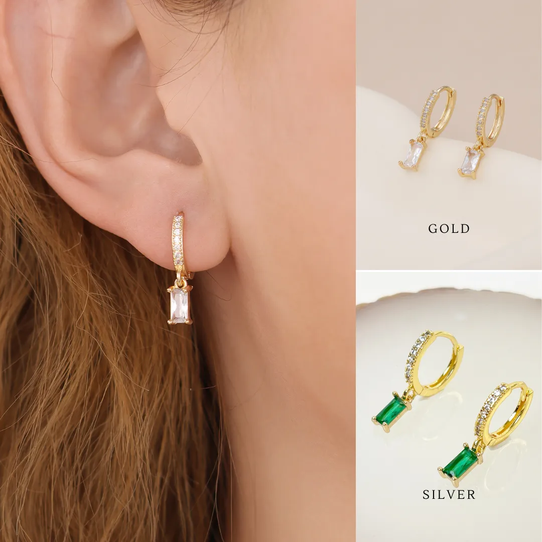 E143 paved baguette dangle huggie hoop earrings