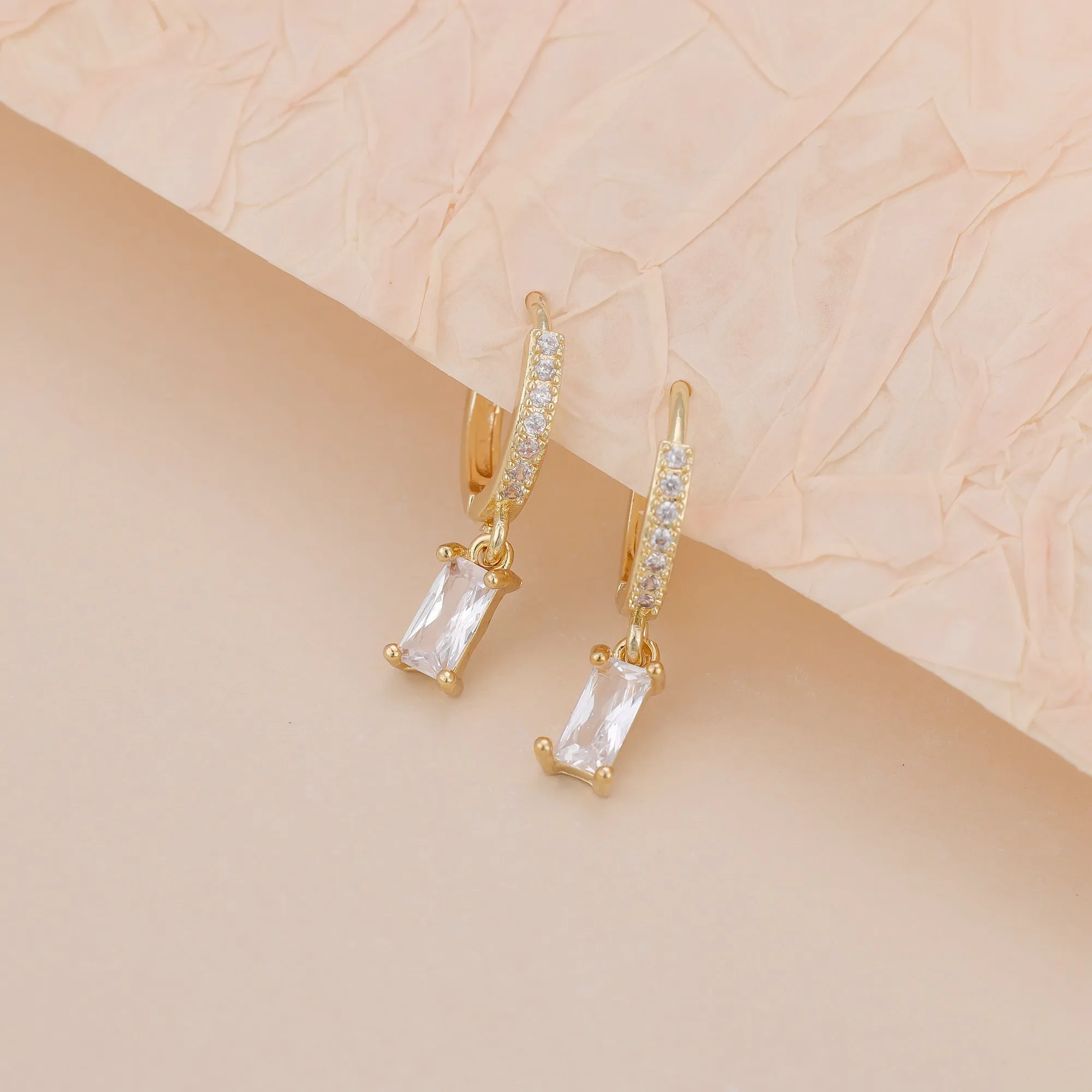 E143 paved baguette dangle huggie hoop earrings