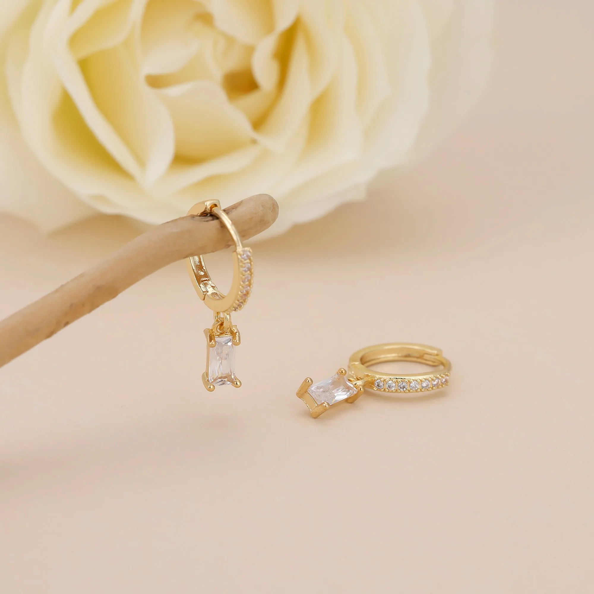 E143 paved baguette dangle huggie hoop earrings
