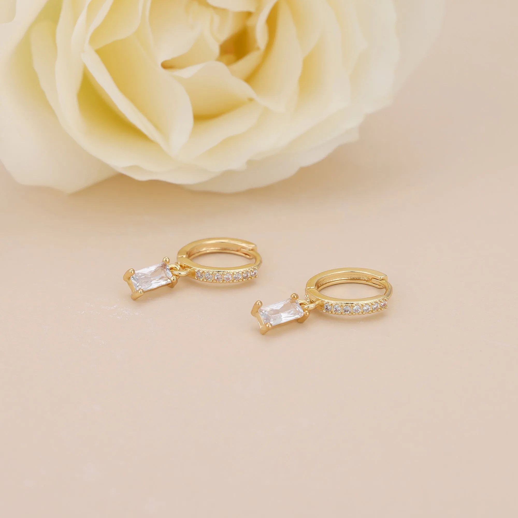 E143 paved baguette dangle huggie hoop earrings