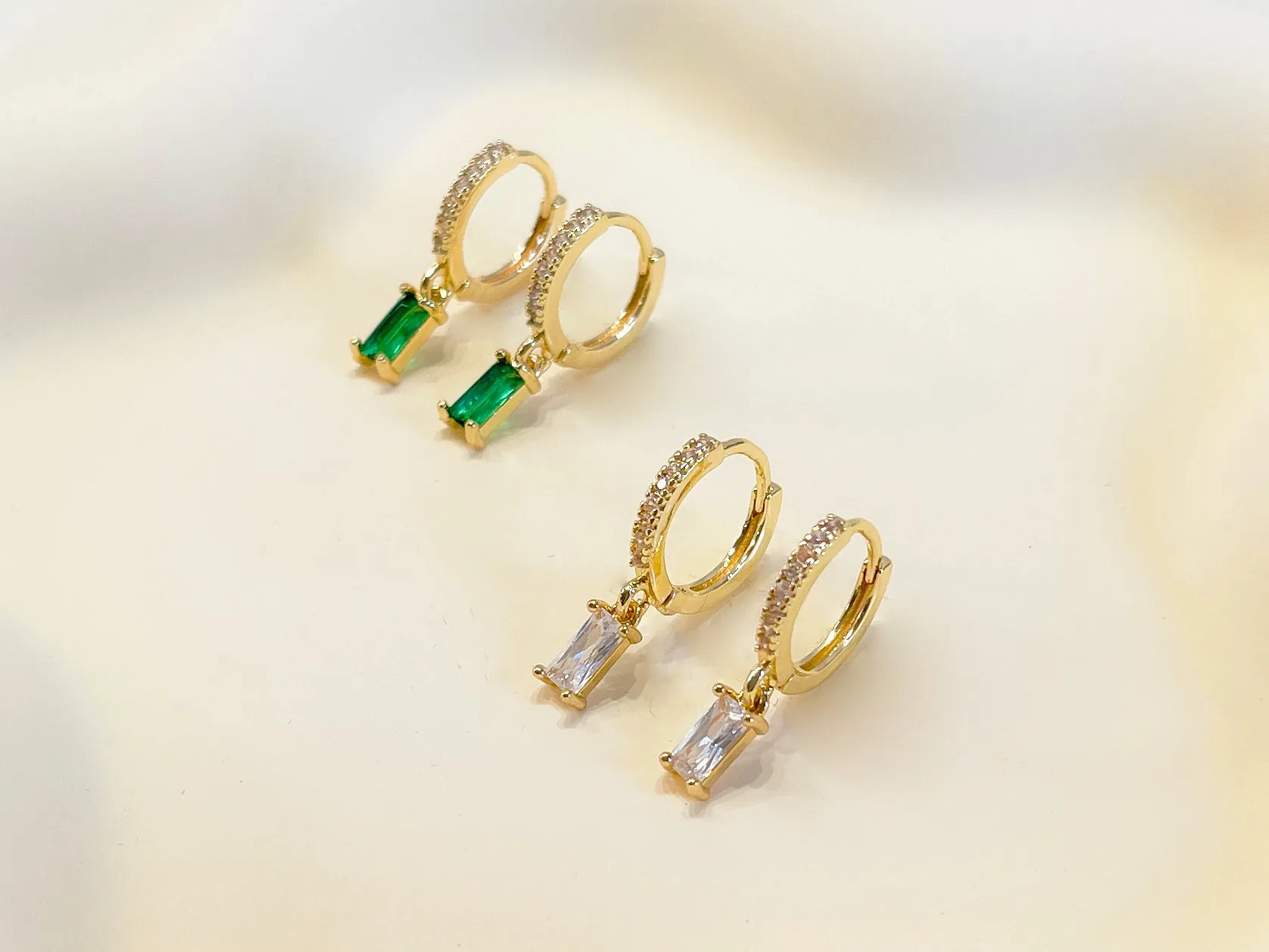 E143 paved baguette dangle huggie hoop earrings