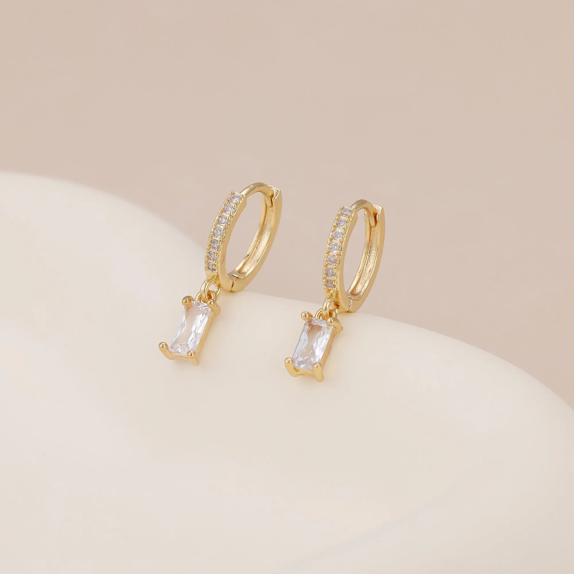 E143 paved baguette dangle huggie hoop earrings